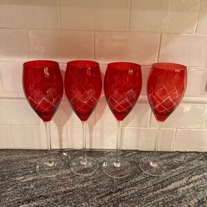 4 Tartan Red by PIER 1  Ruby Cut To Clear Water Wine Goblets 9 1/4”